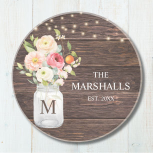 Monogram Family Name Floral Mason Jar Rustic Coaster