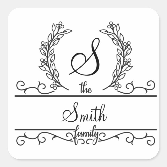 Monogram Family Name Floral Wreath Flourish Square Sticker (Front)