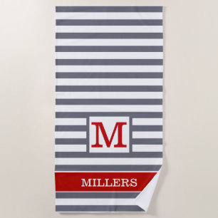 Monogram Family Name Grey Red White Cabana Stripe Beach Towel