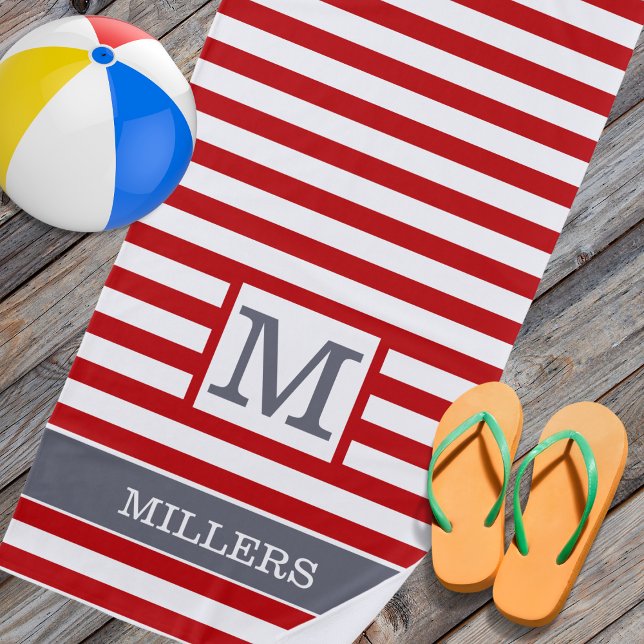 Monogram Family Name Grey Red White Cabana Stripe Beach Towel (Creator Uploaded)