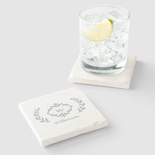 Monogram Family Name Laurel Wreath Dusty Blue Stone Coaster