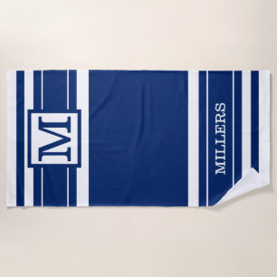 Monogram Family Name Navy Blue And White Striped   Beach Towel