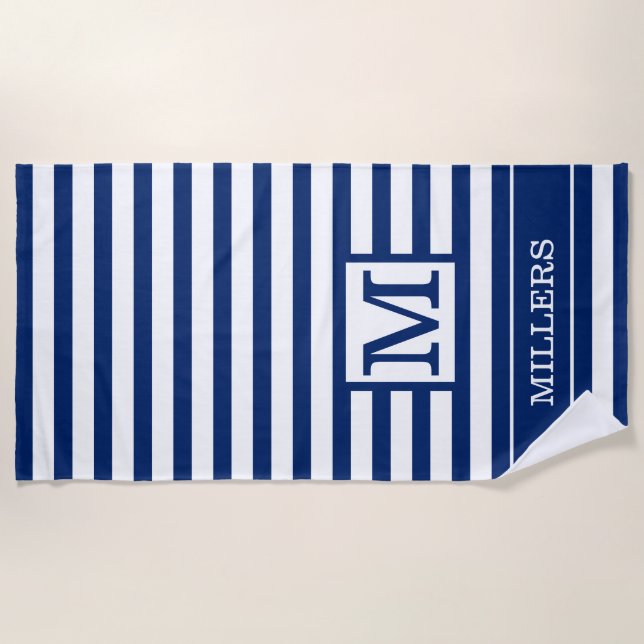 Monogram Family Name Navy Blue And White Striped   Beach Towel (Front)