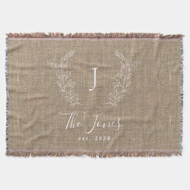 Monogram family name personalised rustic jute throw blanket (Front)