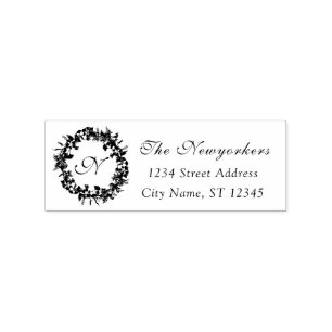 Monogram Family Name RSVP Rustic Floral Wreath Rubber Stamp