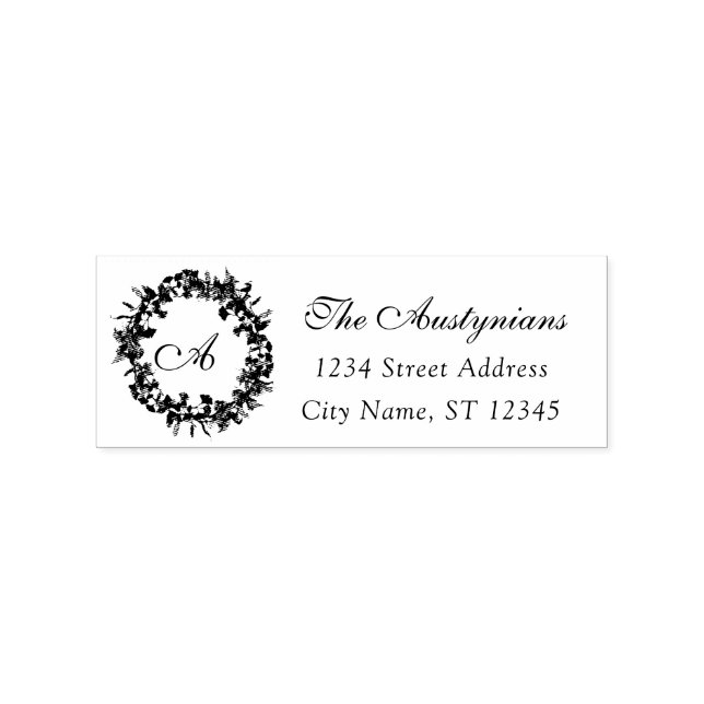Monogram Family Name RSVP Rustic Floral Wreath VIP Rubber Stamp (Imprint)