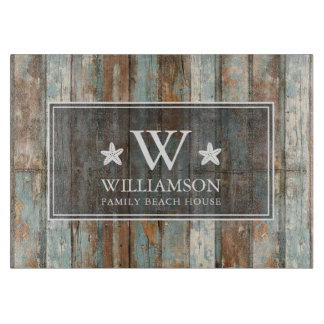 Monogram Family Name Rustic Boho Wood Beach House Cutting Board