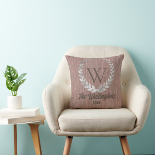Monogram Family Name Rustic Wood Throw Pillow