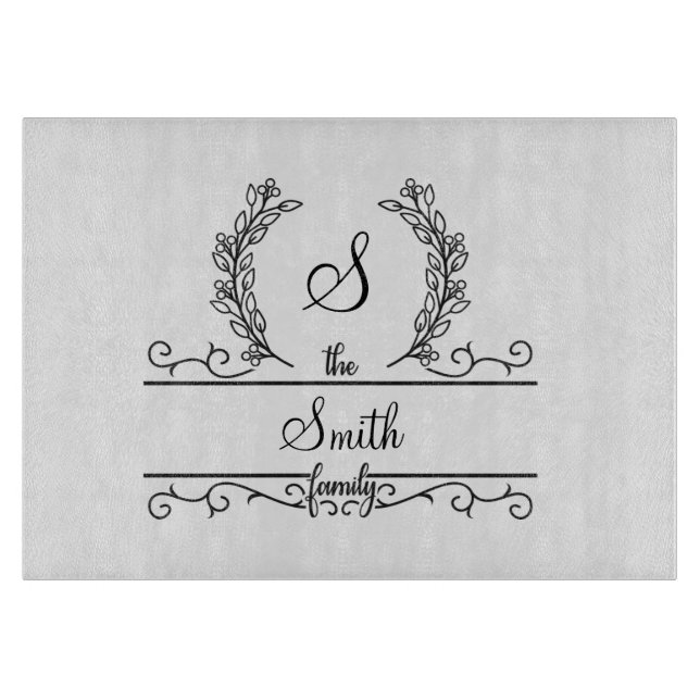 Monogram Family Name Script font Leaves Cutting Board (Front)