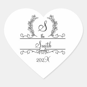 Monogram Family Name Script font Leaves  Heart Sticker