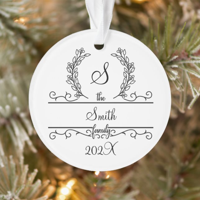 Monogram Family Name Script font Leaves Holiday Ornament (Tree)