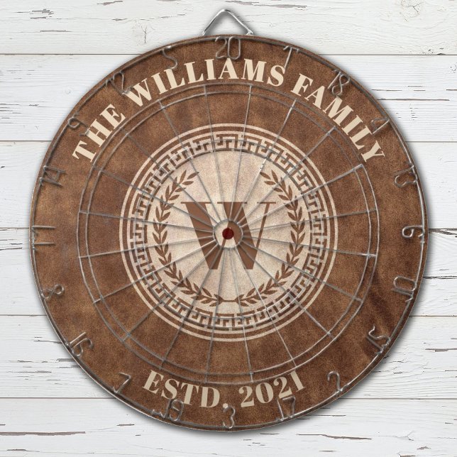 Monogram Family Name Vintage Crest Dartboard (A brown leather textured monogram Family name Dartboard
)