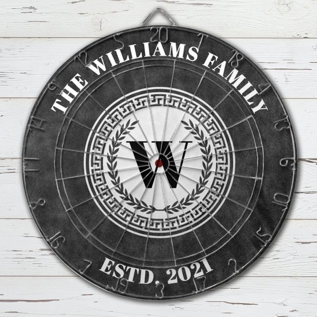 Monogram Family Name Vintage Crest Dartboard (Black and White Family name and Established date Monogram Dartboard)