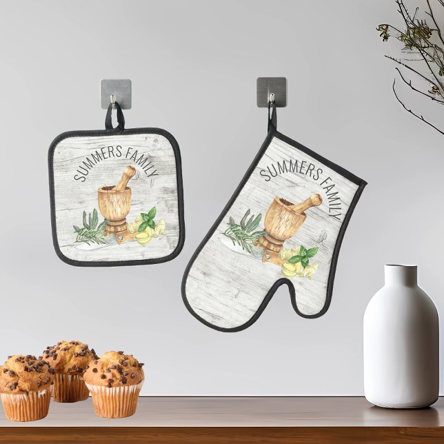 Monogram Family Name Wood Rustic  Oven Mitt & Pot Holder Set (Creator Uploaded)
