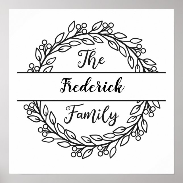Monogram Family Name Wreath Black White Leaves Poster (Front)
