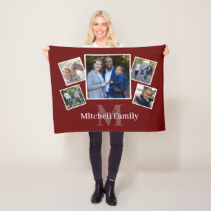 Monogram Family Photo Collage Dark Red Fleece Blanket