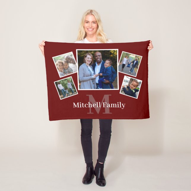 Monogram Family Photo Collage Dark Red Fleece Blanket (In Situ)