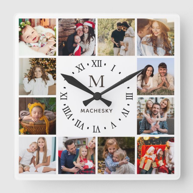 Monogram Family Photo Collage Square Wall Clock (Front)
