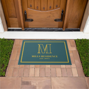 Monogram Family Year Established Teal Gold Doormat