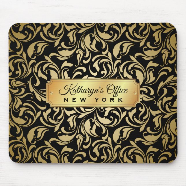 Monogram Fancy Gold Flourish Black Luxe Nameplate Mouse Mat (Front)