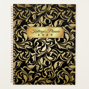 Monogram Fancy Gold Flourish Black Luxe Nameplate Planner