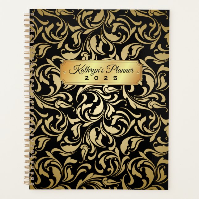 Monogram Fancy Gold Flourish Black Luxe Nameplate Planner (Front)