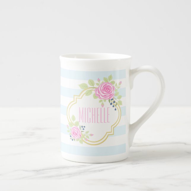 Monogram Fancy Pink Roses Blueberry Bone China Mug (Right)