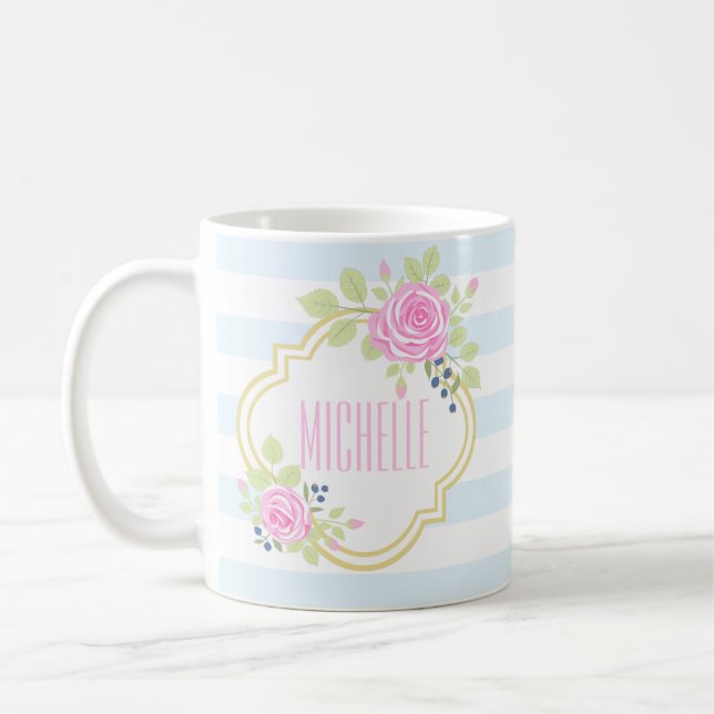 Monogram Fancy Pink Roses Blueberry Classic Mug (Left)