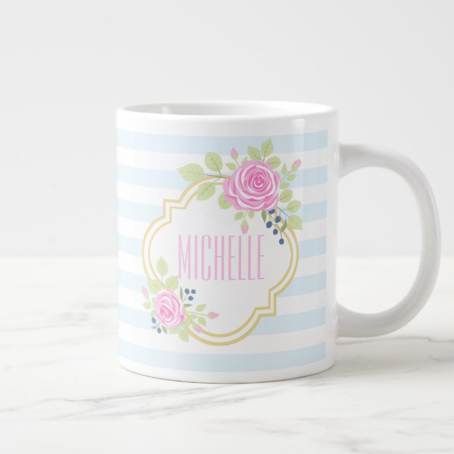 Monogram Fancy Pink Roses Blueberry Jumbo Mug (Right)