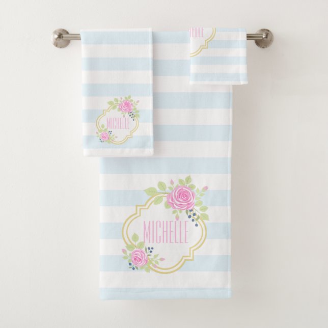 Monogram Fancy Pink Roses Blueberry Towel Set (Insitu)