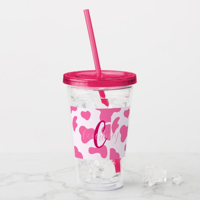 Monogram Farm Animal Pink Cow Print Acrylic Tumbler (Front Ice)