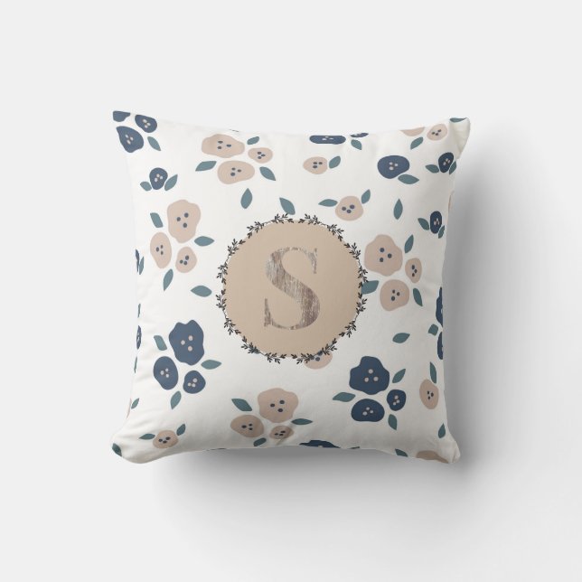 Monogram Farmhouse Floral Blue Tan Country Rustic Cushion (Front)