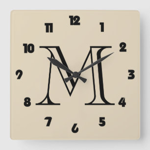 Monogram Fat Black Numbers On Beige wccn Square Wall Clock