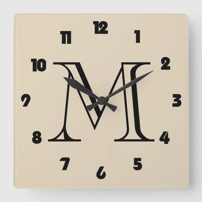 Monogram Fat Black Numbers On Beige wccnt Square Wall Clock (Front)