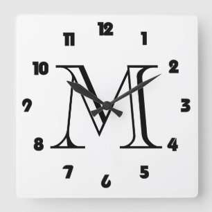 Monogram Fat Black Numbers On White wccn Square Wall Clock