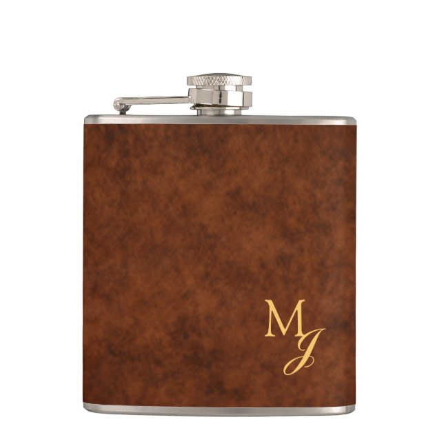 Monogram Faux Brown Leather Flask (Front)
