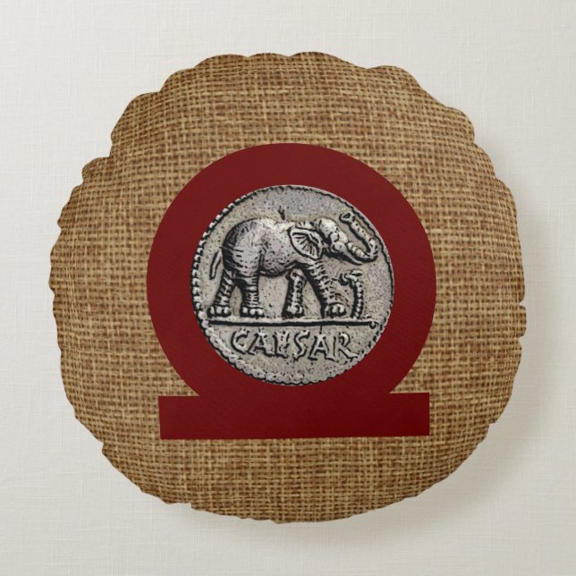 Monogram Faux Burlap Elephant Caesar Roman Round Cushion (Front)