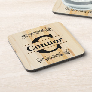 Monogram Faux Butcher Block Natural Wood Look Coaster