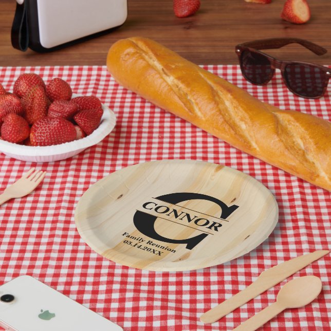 Monogram Faux Butcher Block Wood | Personalised Paper Plate (Picnic)