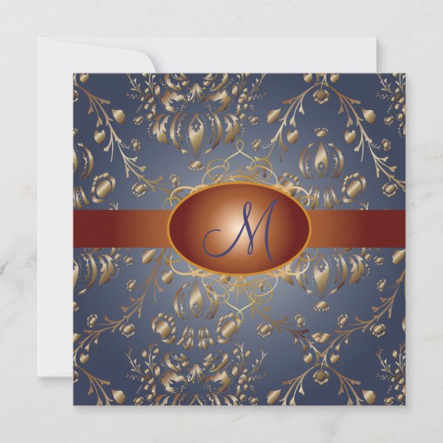 Monogram faux copper damask/navy blue invitation (Front)
