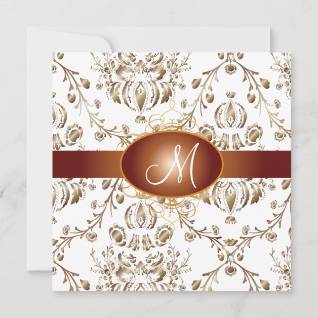 Monogram faux copper damask/white invitation (Front)