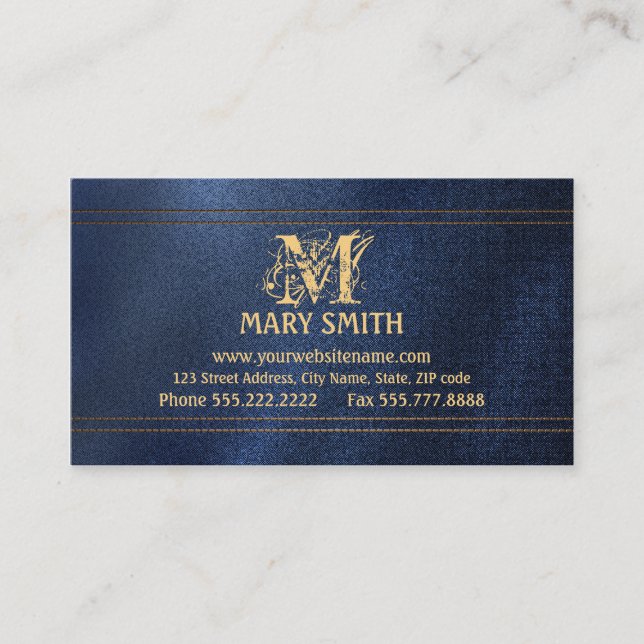 Monogram & Faux Denim Boutique Business Card (Front)