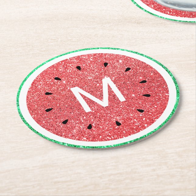 monogram faux glitter watermelon round paper coaster (Angled)