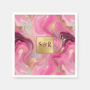 Monogram Faux Gold and Pink Marbled Wedding Napkin