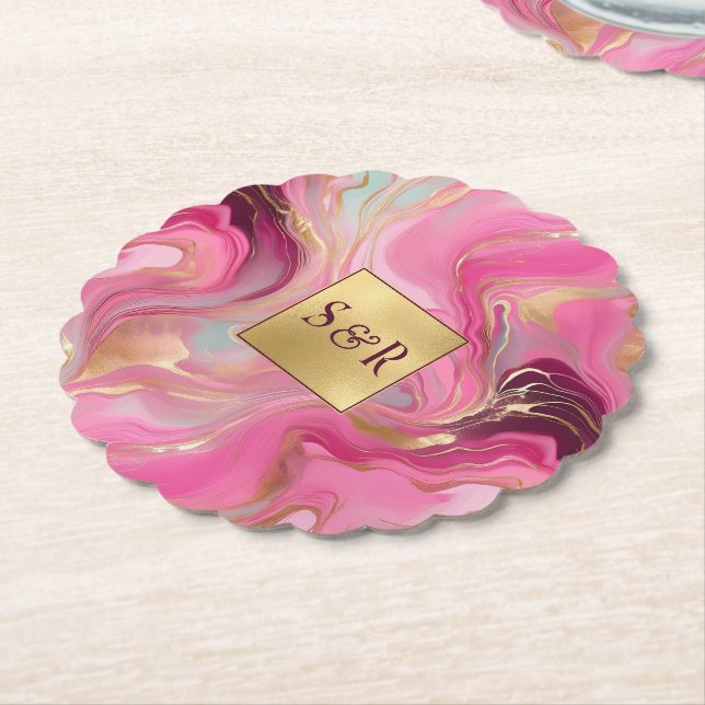 Monogram Faux Gold and Pink Marbled Wedding Paper Coaster (Angled)