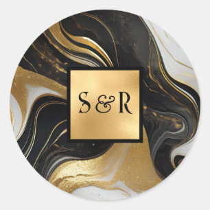 Monogram Faux Gold, Black White Marbled Wedding Classic Round Sticker