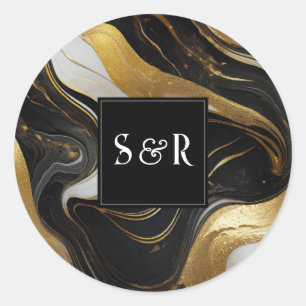Monogram Faux Gold, Black & White Marbled Wedding Classic Round Sticker