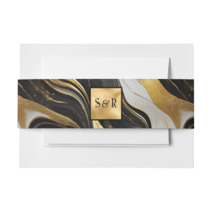 Monogram Faux Gold, Black & White Marbled Wedding Invitation Belly Band