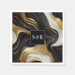 Monogram Faux Gold, Black & White Marbled Wedding Napkin