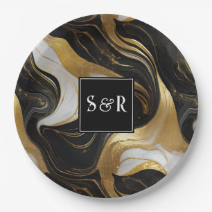 Monogram Faux Gold, Black & White Marbled Wedding Paper Plate